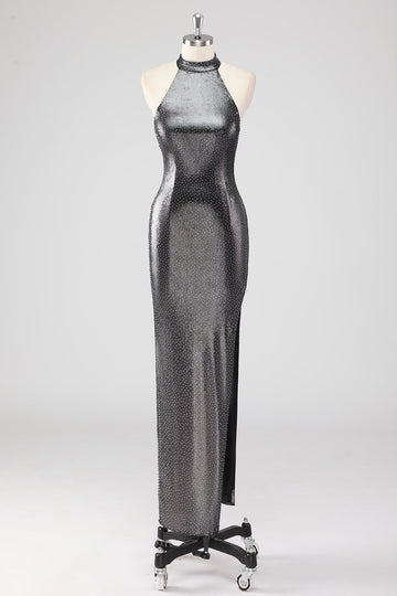 Glitrende sølvgrå grime Shath formell kjole med splitt